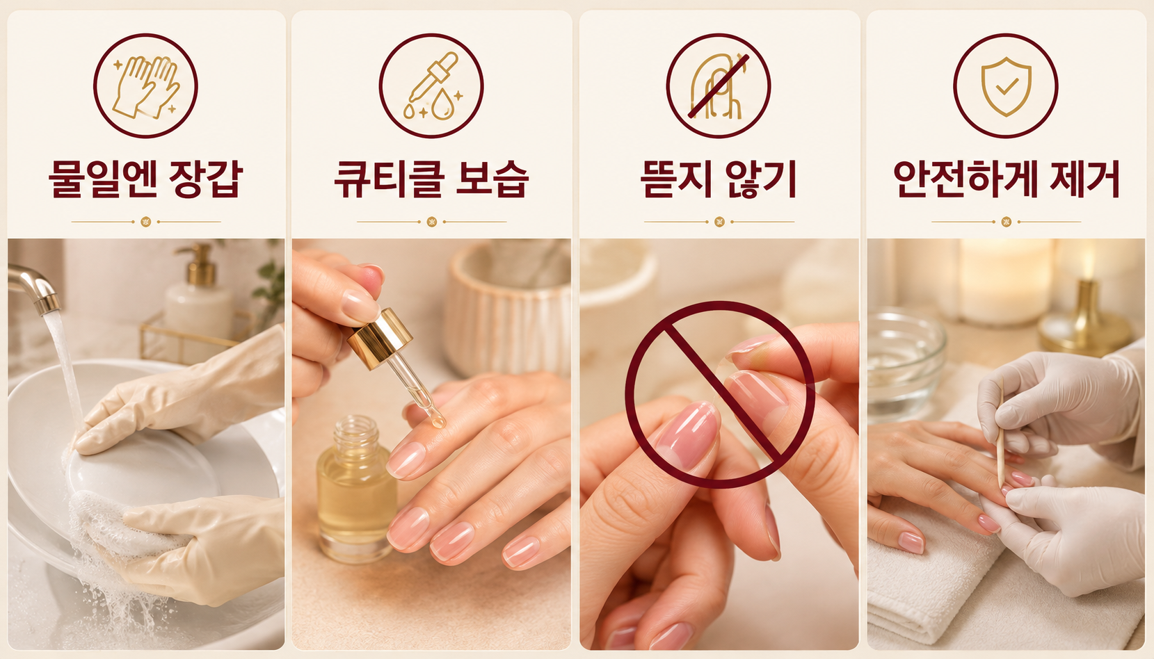 젤네일 유지 관리를 위한 장갑 보습 뜯지 않기 안전 제거 습관