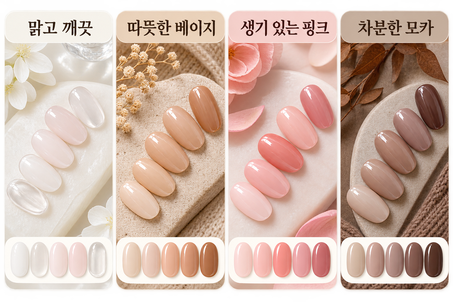 맑은 화이트 베이지 핑크 모카 시어 네일 분위기별 비교