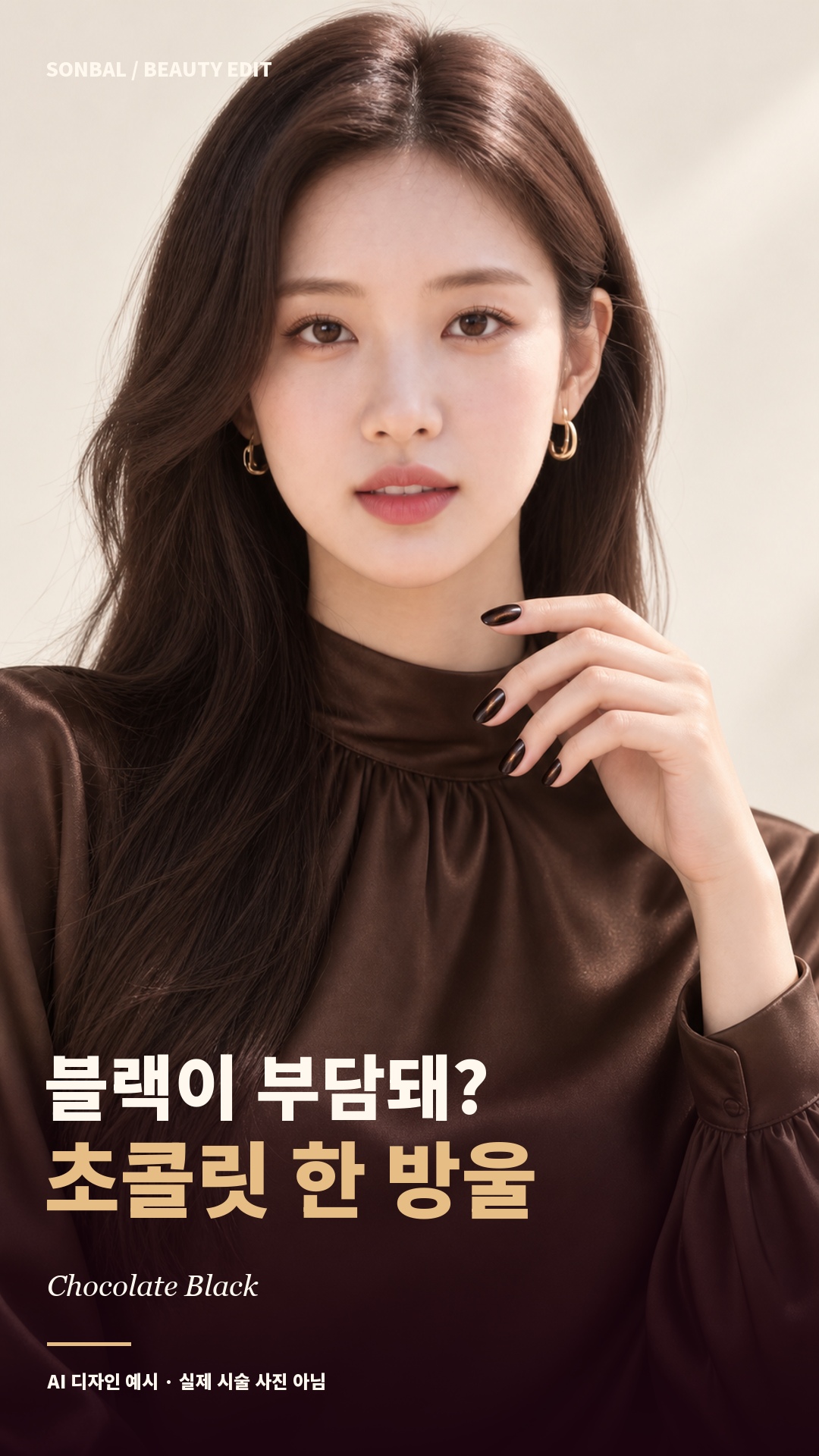 초콜릿 블랙 네일을 보여주는 AI 모델과 55초 영상 표지